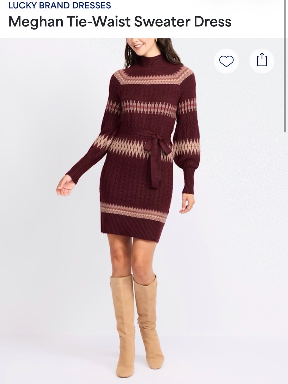 Lucky Brand Meghan Tie-Waist Sweater Dress - Burgundy with Cream Pattern